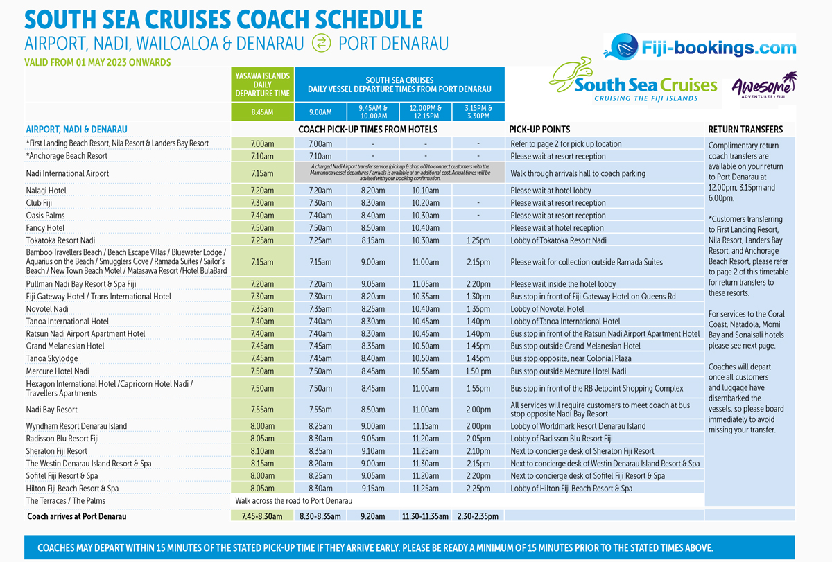 South Sea Cruises coach transfer schedule